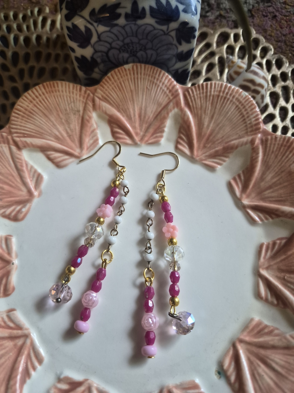 Gold-Tone Pink Beaded Dangle Earrings with Crystal Accents by